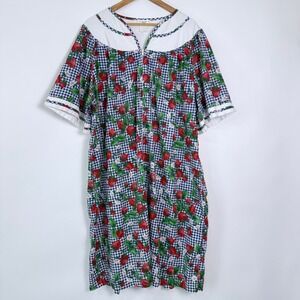 Vtg Fundamentals Gingham Strawberry‎ Print Zip Front Housecoat 1X MuuMuu Lounge
